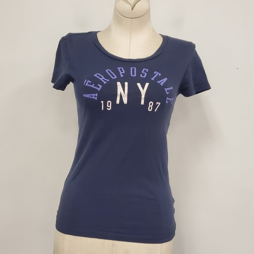 Aeropostal Womens Cap Sleeve Baby T Shirt Size‎ S Navy Blue Preppy Y2K Spellout